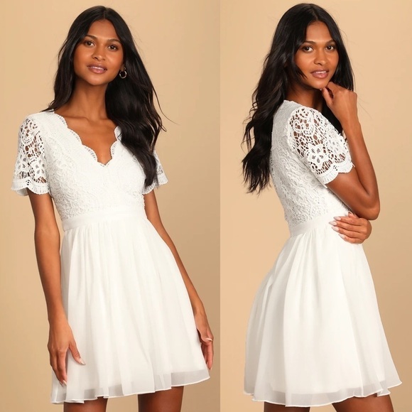 LULUS ANGEL IN DISGUISE FLORAL LACE SHORT SLEEVE CHIFFON SKIRT SKATER DRESS - Picture 1 of 13